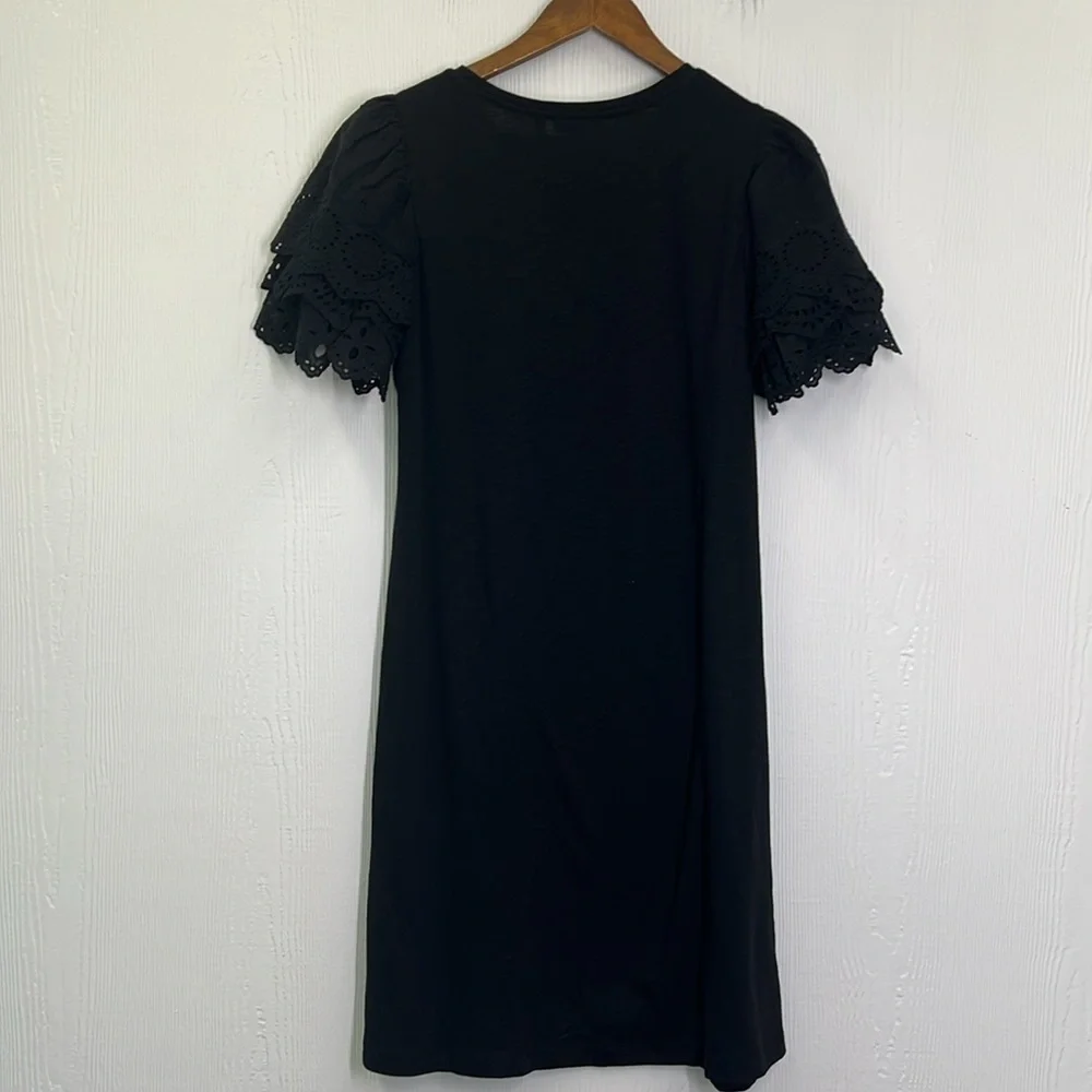 Chicos - Black Crewneck Crochet Tiered Short Sleeves Shirt Midi Dress Size Med